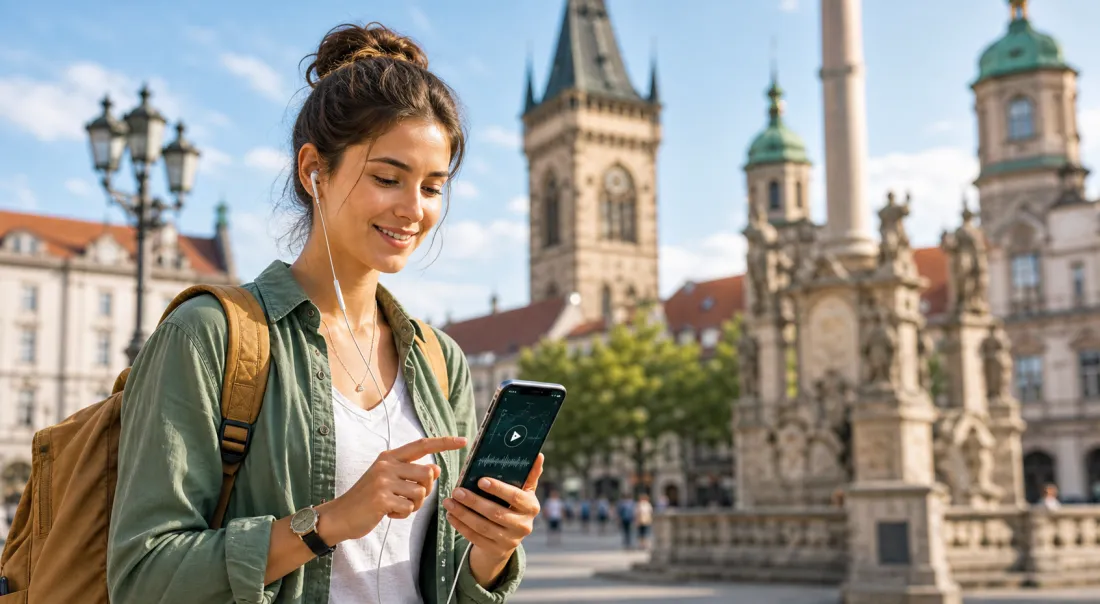 Reisende hört mit Kopfhörern eine Audio-Geschichte auf dem Smartphone vor einem historischen Platz